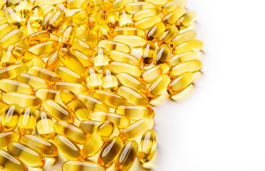  Omega-3 fish fat oil capsules on a white background. 