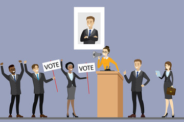 Election campaign of candidate,Female with politician standing at tribune