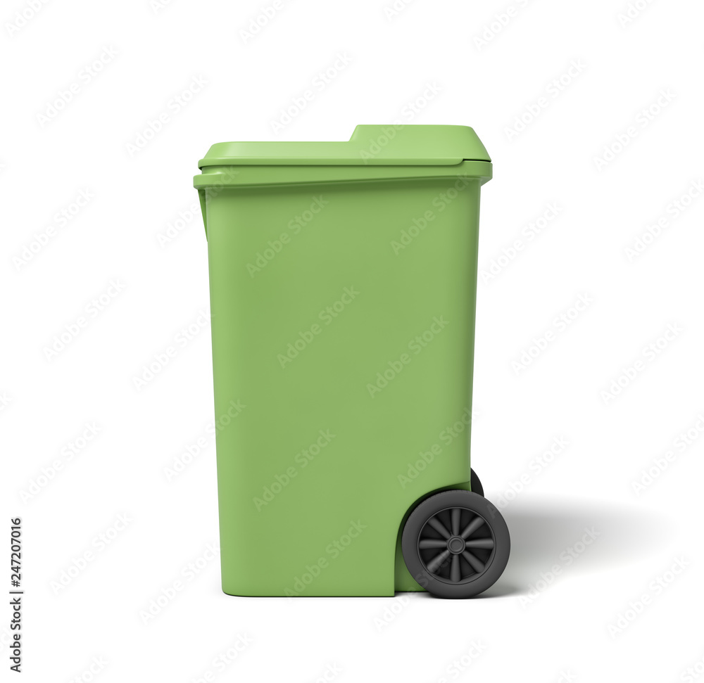 Poster 3d rendering of a light-green trash can isolated on white background.