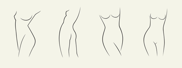 Set of elegant woman silhouettes in a linear sketch style (intimate hygiene, woman health, skin and body care, diet, fitness etc.)