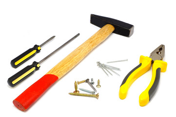 Screws and tools isolated on white background
