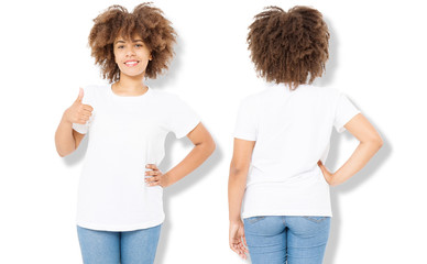 African american girl in white t shirt template and shadow on isolated wall background. Blank t shirt design. Front and back view. Mock up and copy space