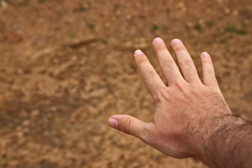 A human hand with an earthy background. Man and nature concept image. 
