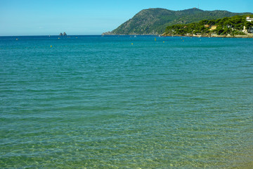 Sunny sandy beach vacation, landscape with clear blue sea shore and sandy beach