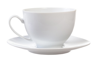 side view of white porcelain cup and saucer