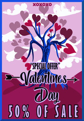 Background of Valentines Day sale banner with tree, moon and hearts and messages of valentines day. Illustrated retro style Can be used for wallpapers, brochures, invitations, posters, brochures, bann