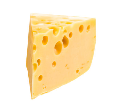 triangular slice of yellow semi-hard swiss cheese