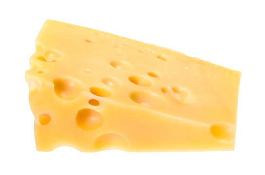 triangular piece of yellow swiss cheese isolated