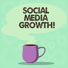 Handwriting text Social Media Growth. Concept meaning marketing is obtained by value of internet and tv Mug photo Cup of Hot Coffee with Blank Color Speech Bubble as Steam icon