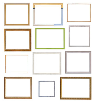 collage from various empty wooden picture frames