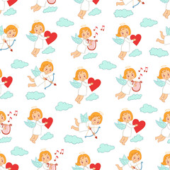 Seamless pattern with cupids carrying bow, arrows, heart on clouds. Set of angels on the white background.