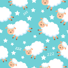Seamless pattern with sheeps and stars on blue background for kids, cartoon style