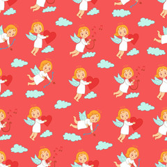 Seamless pattern with cupids carrying bow, arrows, heart on clouds. Set of angels on the pink background.