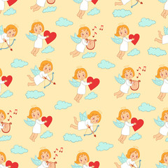 Seamless pattern with cupids carrying bow, arrows, heart on clouds. Set of angels on the beige background.