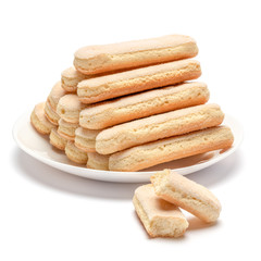 Traditional Italian Savoiardi ladyfingers Biscuits on White Background