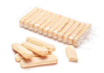 Traditional Italian Savoiardi ladyfingers Biscuits on White Background