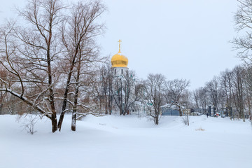 Winter snowy landscape. Snow-covered glade on a cold winter day. Snow on tree branches. Church with a Golden dome in the distance. Nature photography.