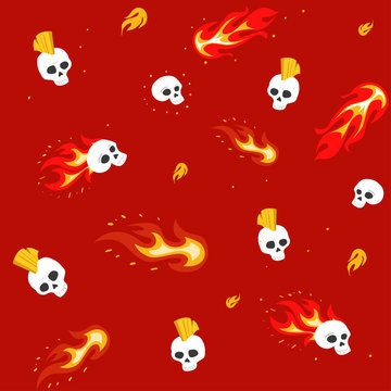 Seamless pattern with skulls and flame. Rock music style. Vector illustration
