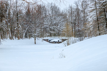 Winter snowy landscape. Bridge over the frozen pond. Snow-covered park on a cold winter day.