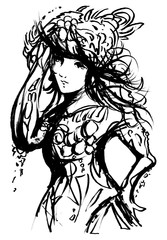 墨絵の女性と花