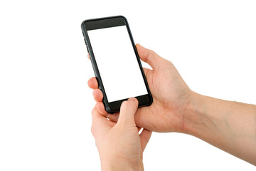 Hand holding mobile phone with blank screen using one hand and unlocking it with finger.