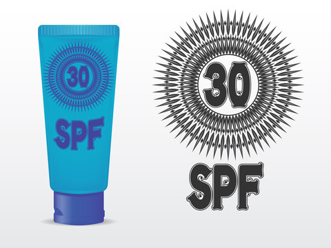 realistic vector template sunscreen in a tube of turquoise color with a blue cap. SPF 30 sign in the pattern. isolated on white background
