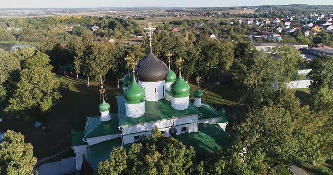 Aerial drone video of beautiful view of Feodorovsky women monastery in Pereslavl-Zalessky city, Yaroslavl region, Russia