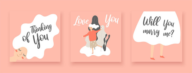 Romantic wedding cards with girl and lettering quotes