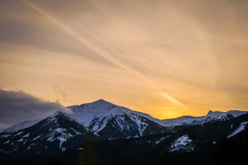 View from Hohentauern to sunset over mountains Bruderkogel, Steinermandl, Schafgupf