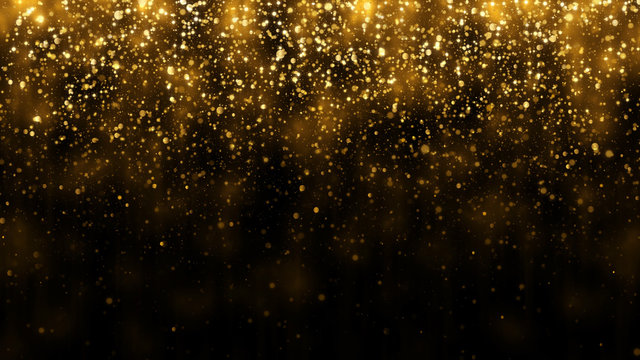 Background with falling golden glitter particles. Falling gold confetti with magic light. Beautiful light background © valerybrozhinsky