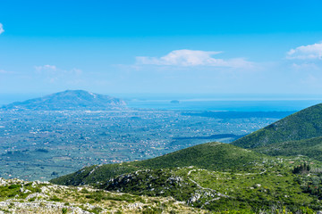 Fototapeta na wymiar Greece, Zakynthos, Wide view over green mountains and valleys of zante island