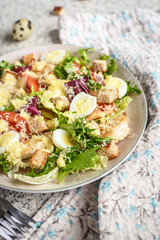 Fresh caesar salad with chicken breast, lettuce and tomatoes. Delicious spring salad