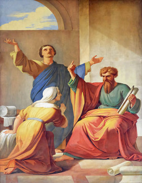 The Fresco With The Image Of The Life Of St. Paul: Paul At The Home Of Aquila And Priscilla, Basilica Of Saint Paul Outside The Walls, Rome, Italy 