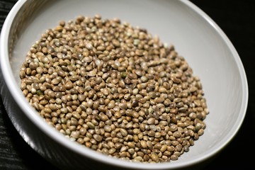 Hemp seeds in the bowl. Slovakia