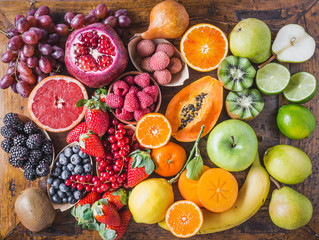 Fruits and berries top view. background. Vitamins and antioxidants food concept rainbow.