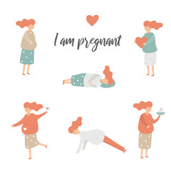 Pregnant woman set including woman with heart, flower, food