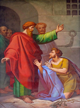 The fresco with the image of the life of St. Paul: Conversion of the Jailer, basilica of Saint Paul Outside the Walls, Rome, Italy 