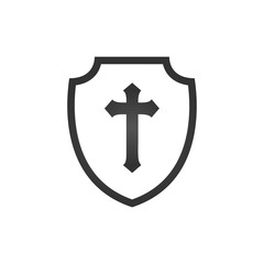 Christian cross and shield of faith. Christian church vector logo. Missionary icon. Religious symbol. Protection, safety, security sign.