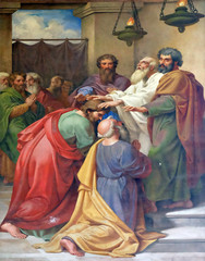 Fototapeta na wymiar The fresco with the image of the life of St. Paul: Saul and Barnabas laying on of hands, basilica of Saint Paul Outside the Walls, Rome, Italy