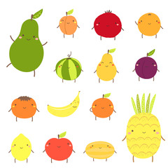 Cute fruit characters including avocado, apricot, garnet, watermelon, pear, plum, banana