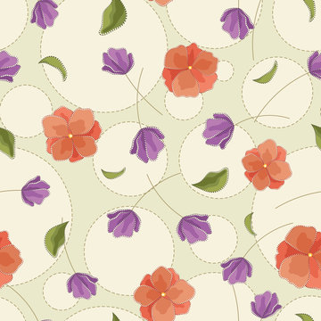 Seamless vector floral pattern with abstract flowers in pastel red and purple colors. Polka dot background with embroidery and rhinestone imitation © Atrica