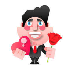 Businessman With Flowers And Gift. Happy Birthday, Valentine s Day. Vector Illustration In Paper Style.
