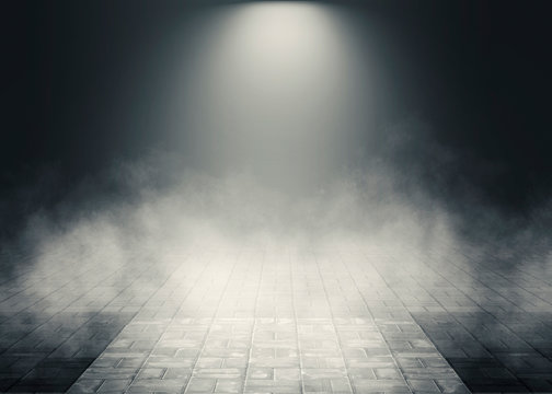 Background of empty room, street. Concrete floor, paving slabs. Neon light, smoke, smog