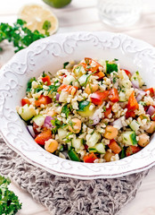 Diet Concept Tabbouleh Salad With Bulgur Wheat, Parsley And Vegetables
