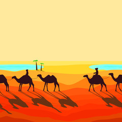 Fototapeta na wymiar Seamless Landscape of the Desert. Caravan of Camels Goes to the Arabic Oasis. Silhouette Design in a Flat Style.