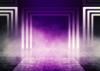 Background of empty room, street. Concrete floor, paving slabs. Neon purple light, smoke, smog