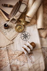 Vintage old maps and objects traveler-explorer