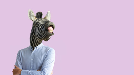 Contemporary art collage. Funny laughing zebra head on human body in business shirt. Clip art,...