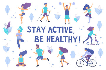 Healthy lifestyle. Different physical activities: running, roller skates, dancing,  yoga, fitness, scooter, nordic walking. Flat vector illustration. - 247217083
