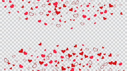 Red on Transparent fond Vector. A sample of wallpaper design, textiles, packaging, printing, holiday invitation for wedding. Red hearts of confetti are flying. Festive background.